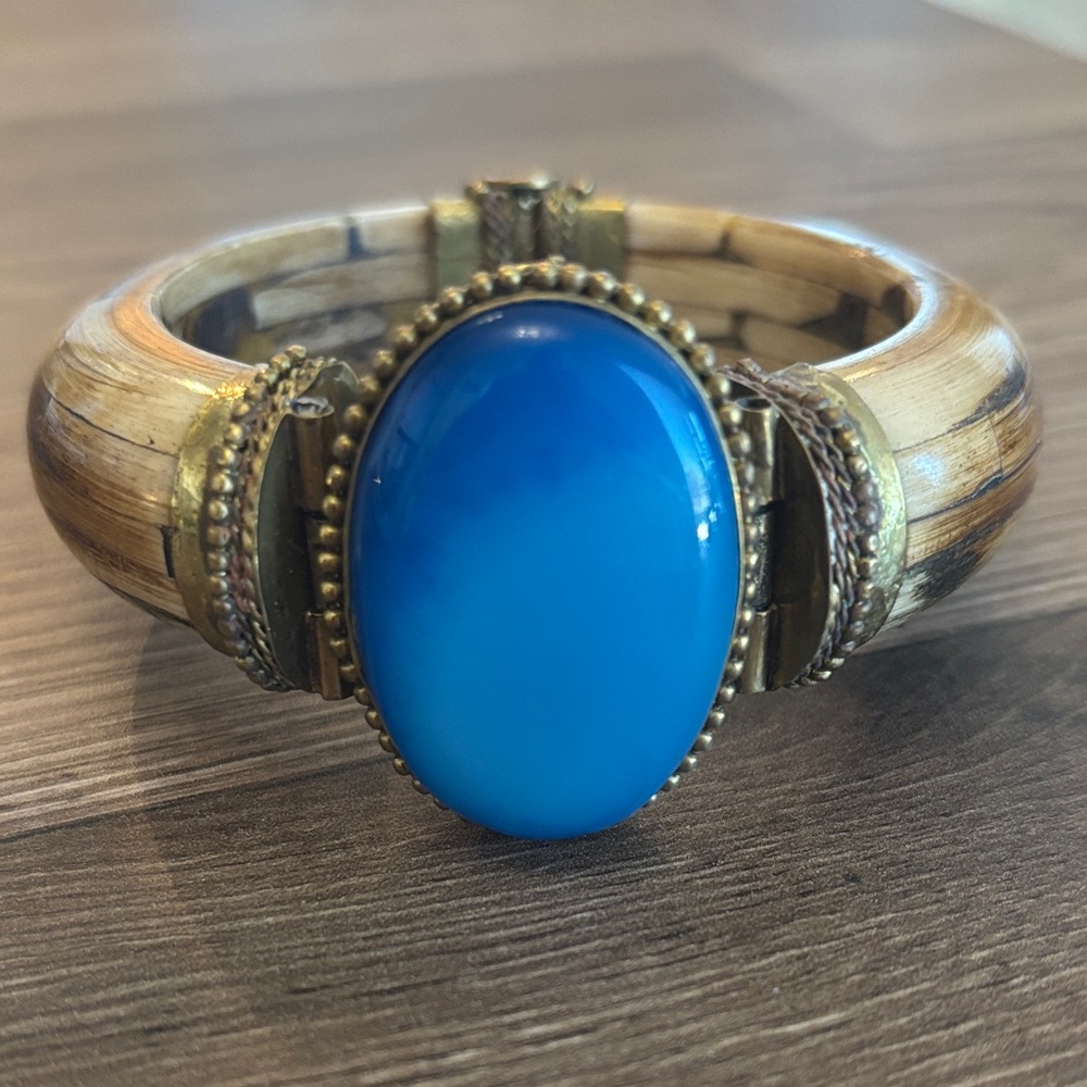 Boho Blue Stone Cuff Bracelet Gold Statement